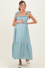 Blue Gingham Smocked Shoulder Tie Maternity Midi Dress