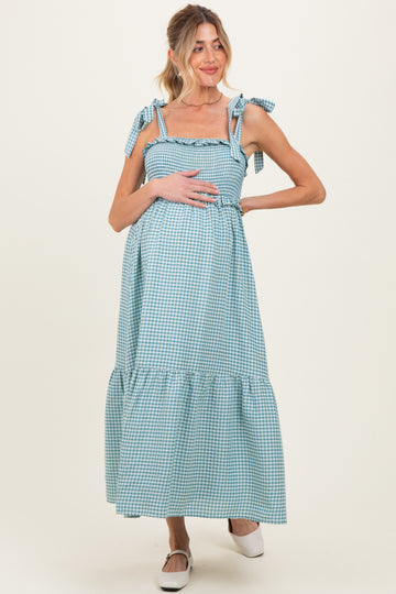 Blue Gingham Smocked Shoulder Tie Maternity Midi Dress