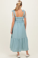 Blue Gingham Smocked Shoulder Tie Maternity Midi Dress