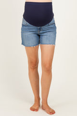 maternity wear dark blue high-waisted denim shorts with a stretchy belly panel