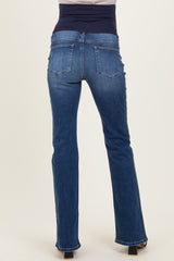maternity wear dark wash bootcut jeans with a stretchy waistband viewed from the back