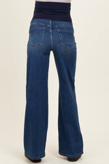 maternity wear dark blue wide leg jeans with a supportive belly band, view from the back
