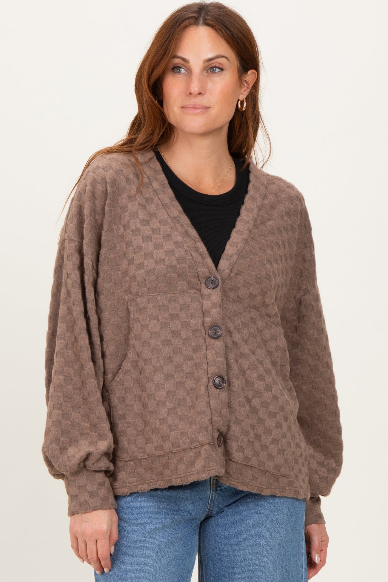 Mocha Checkered Knit Button Front Maternity Cardigan