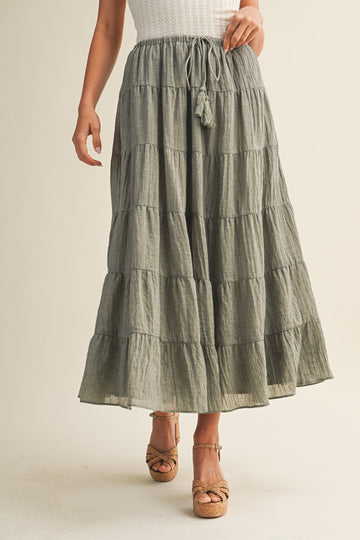 Light Olive Tiered Drawstring Maxi Skirt