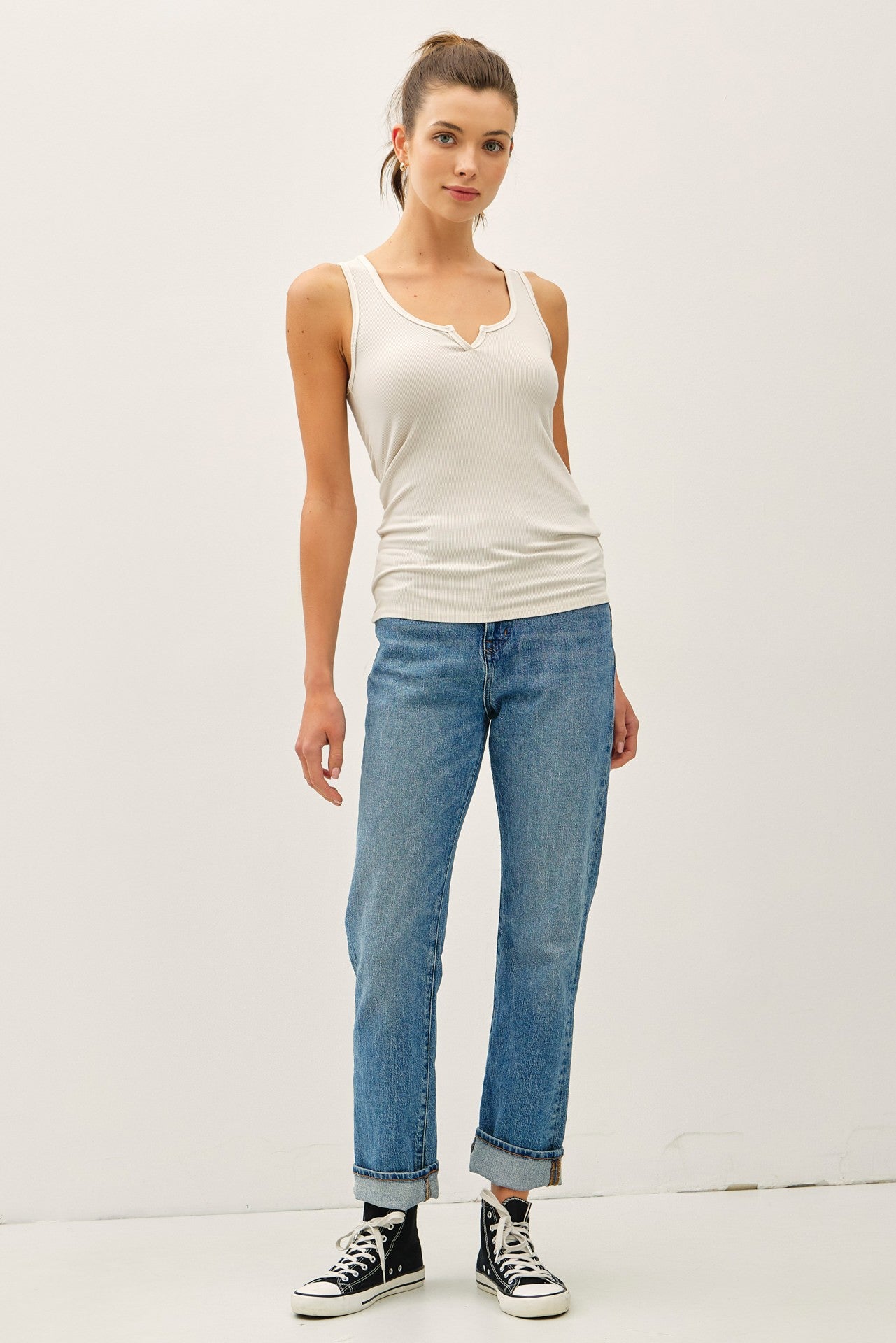 Cream Ribbed Split Neck Tank Top