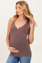 Brown Ribbed Split Neck Maternity Tank Top