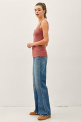 Rust Ribbed Split Neck Tank Top