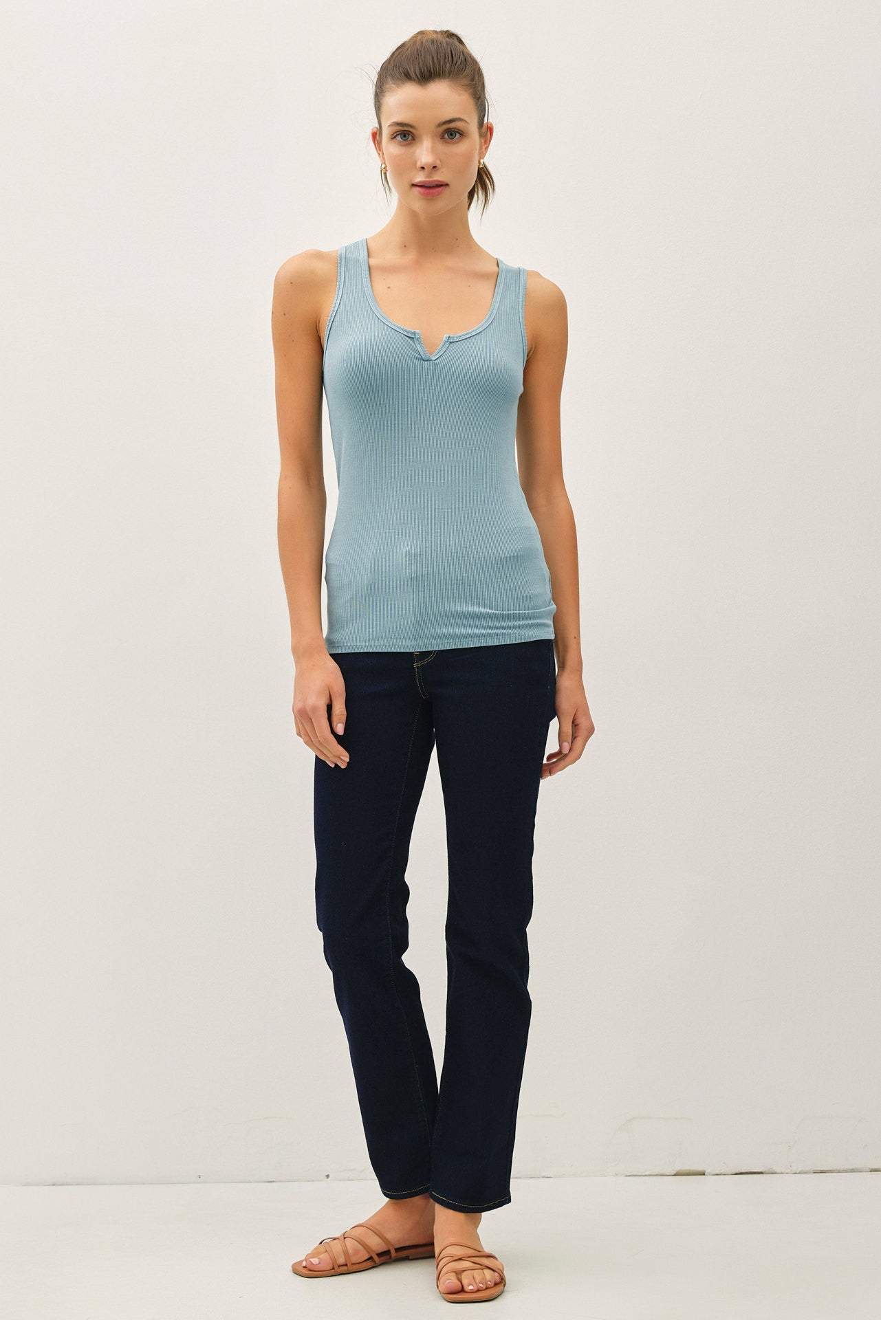 Light Teal Ribbed Split Neck Tank Top