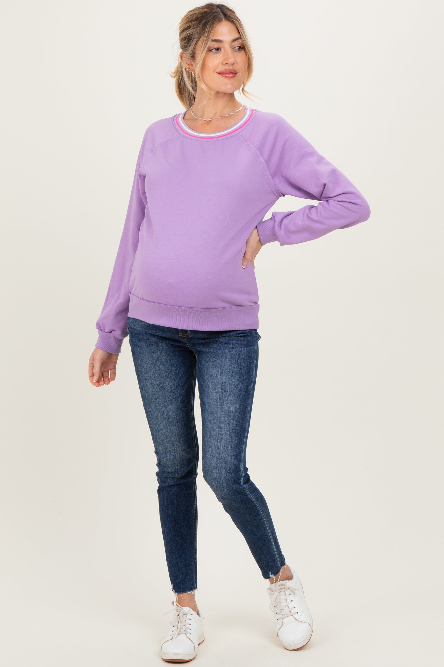 Violet Striped Neckline Maternity Terry Sweatshirt