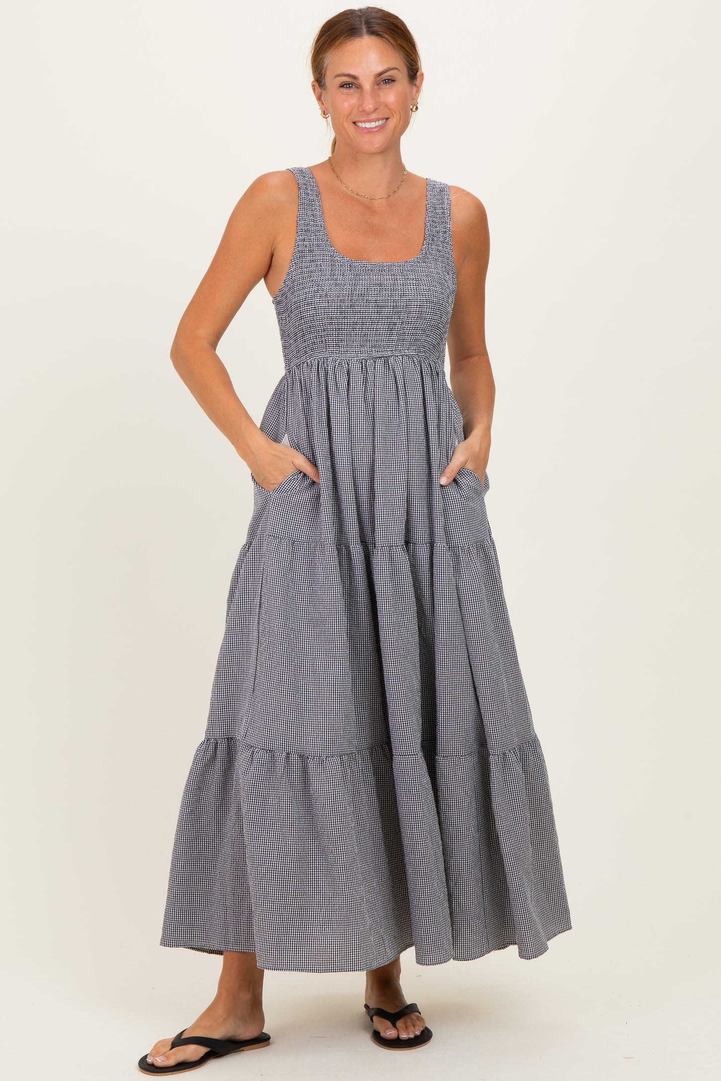 Black Gingham Smocked Bodice Maxi Dress