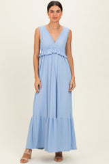 Light Blue Ribbed Sleeveless V-Neck Ruffle Tiered Maternity Maxi Dress