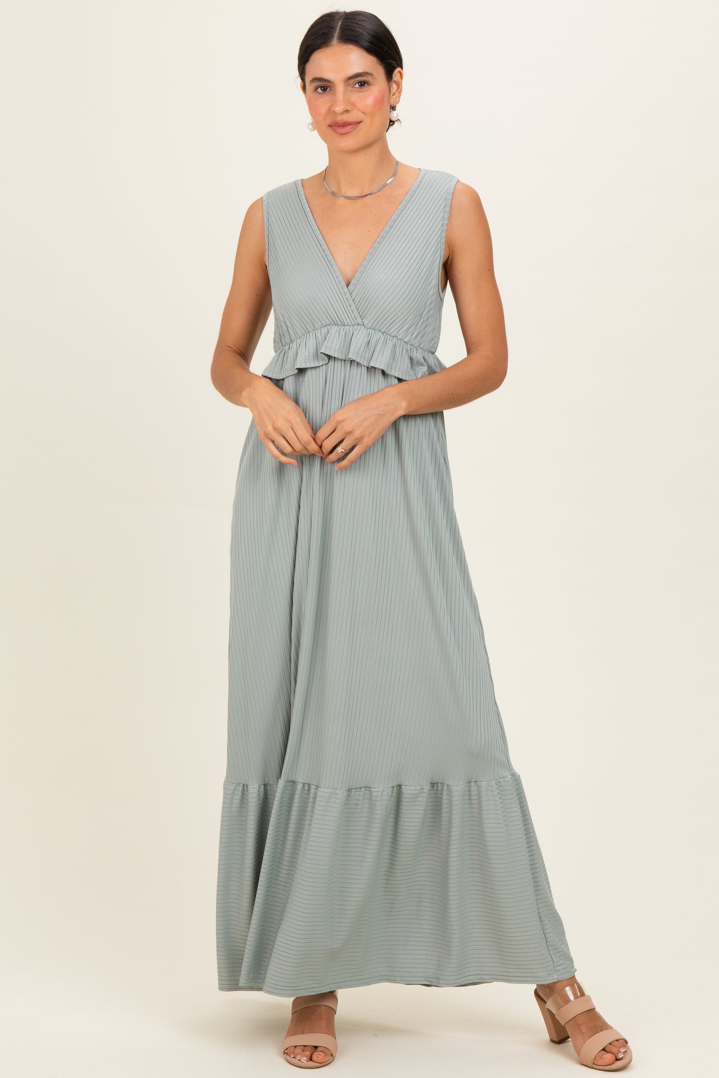 Sage Ribbed Sleeveless V-Neck Ruffle Tiered Maternity Maxi Dress