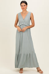 Sage Ribbed Sleeveless V-Neck Ruffle Tiered Maternity Maxi Dress