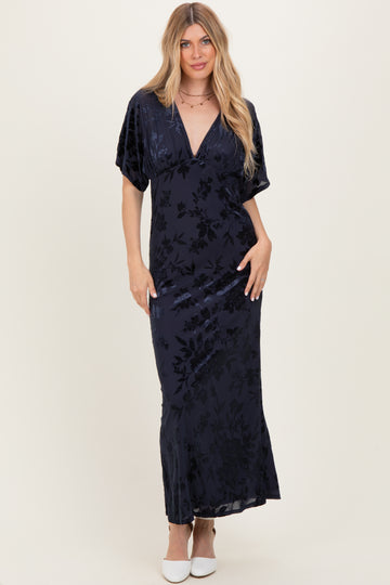 Navy Floral Velvet V-Neck Short Sleeve Maxi Dress