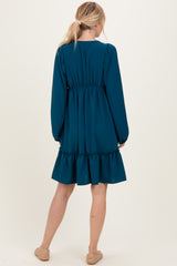 Dark Teal Long Sleeve V-Neck Tiered Midi Dress