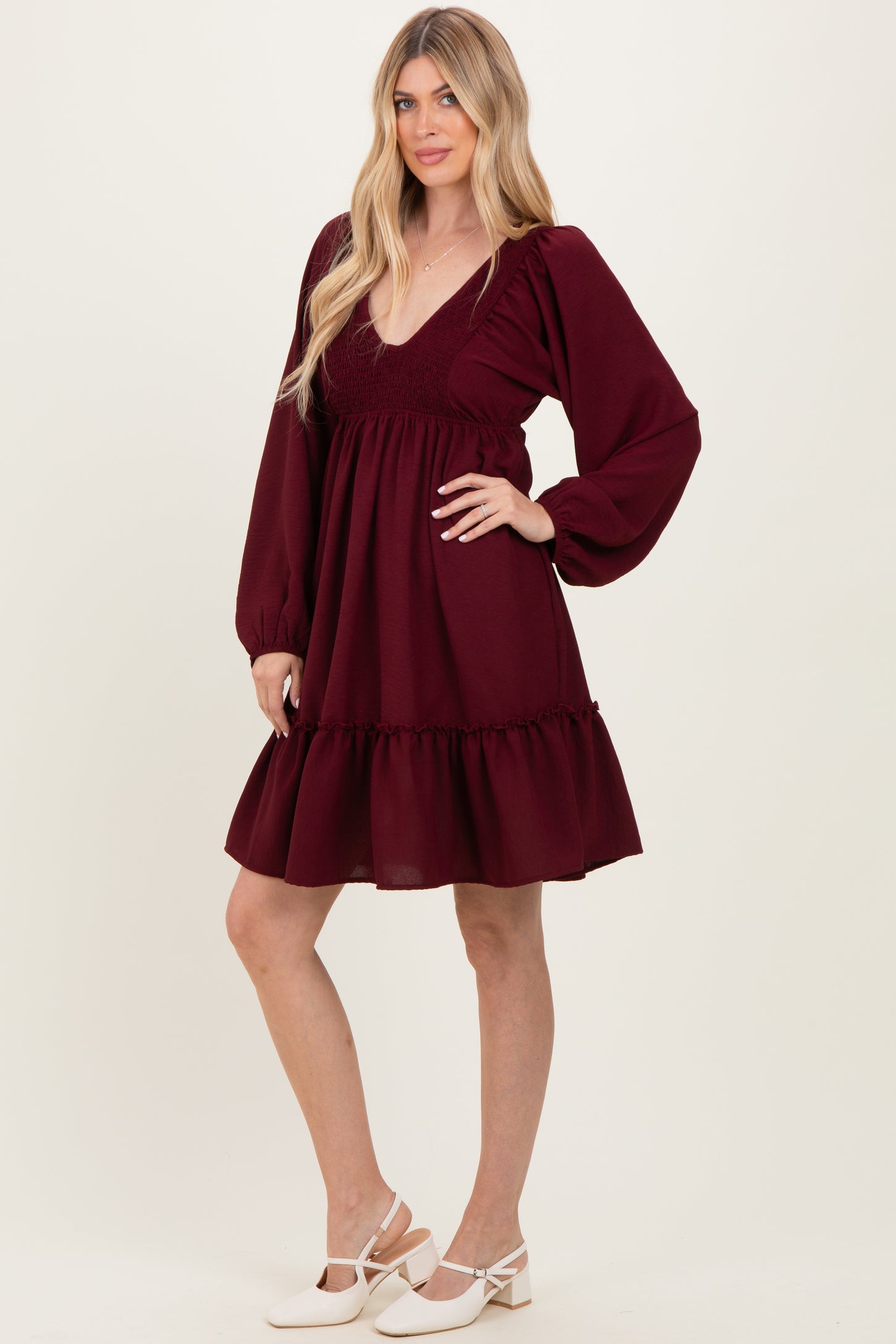 Burgundy Long Sleeve V-Neck Tiered Midi Dress