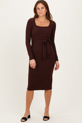 Brown Ribbed Long Sleeve Square Neck Tie Belt Maternity Midi Dress