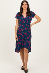 Navy Floral Maternity/Nursing Wrap Midi Dress
