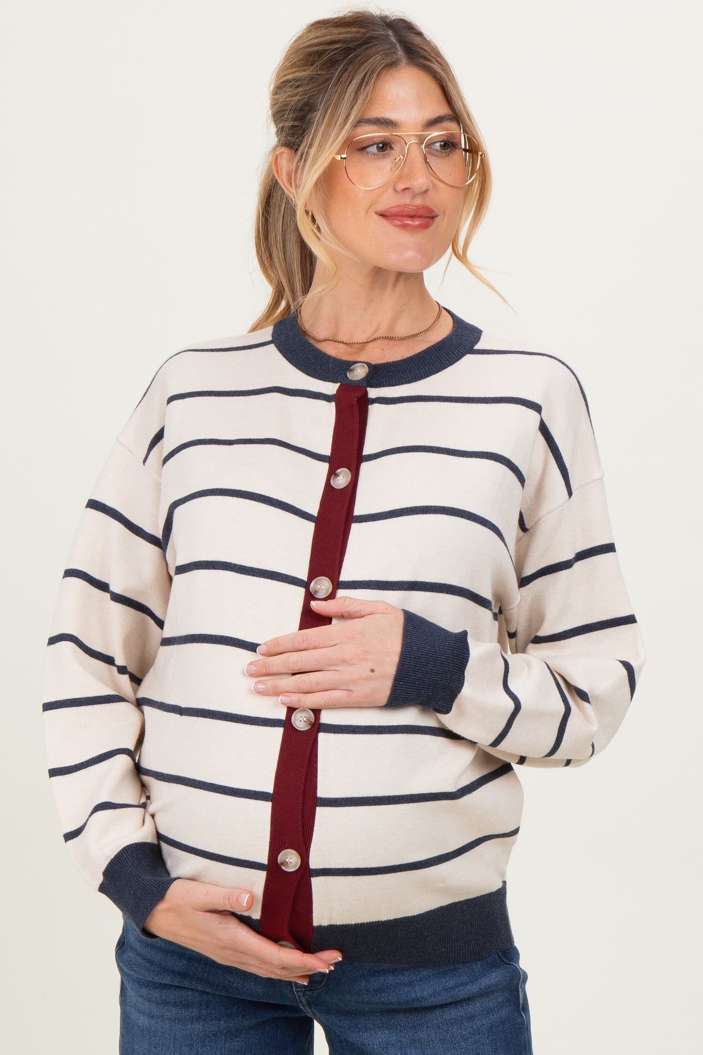 Oatmeal Striped Relaxed Fit Button Maternity Cardigan