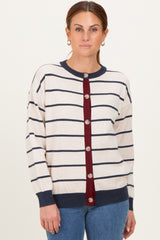 Oatmeal Striped Relaxed Fit Button Cardigan