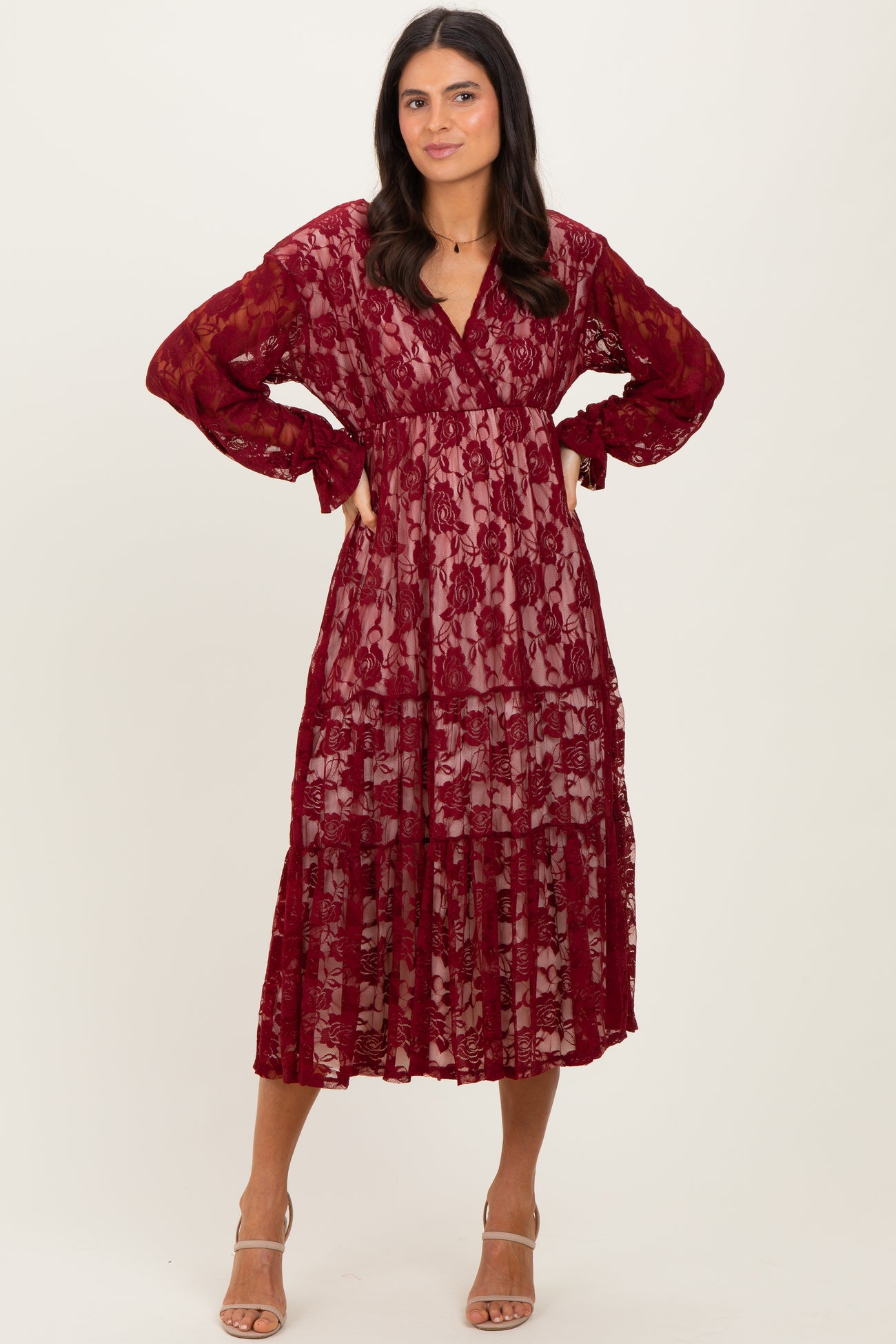 Burgundy Floral Lace Long Sleeve V-Neck Maternity Maxi Dress