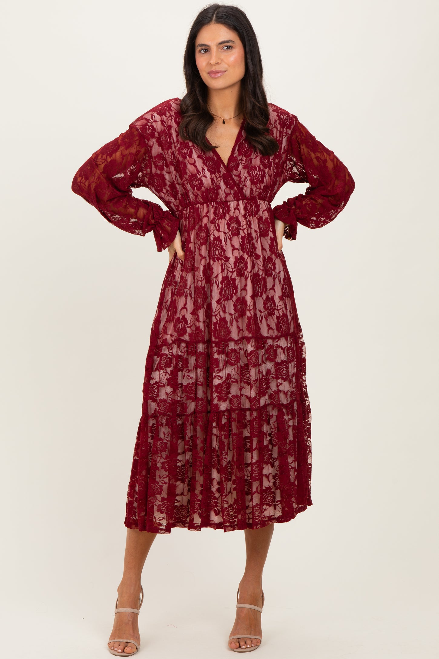Burgundy Floral Lace Long Sleeve V-Neck Maternity Maxi Dress