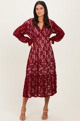 Burgundy Floral Lace Long Sleeve V-Neck Maternity Maxi Dress