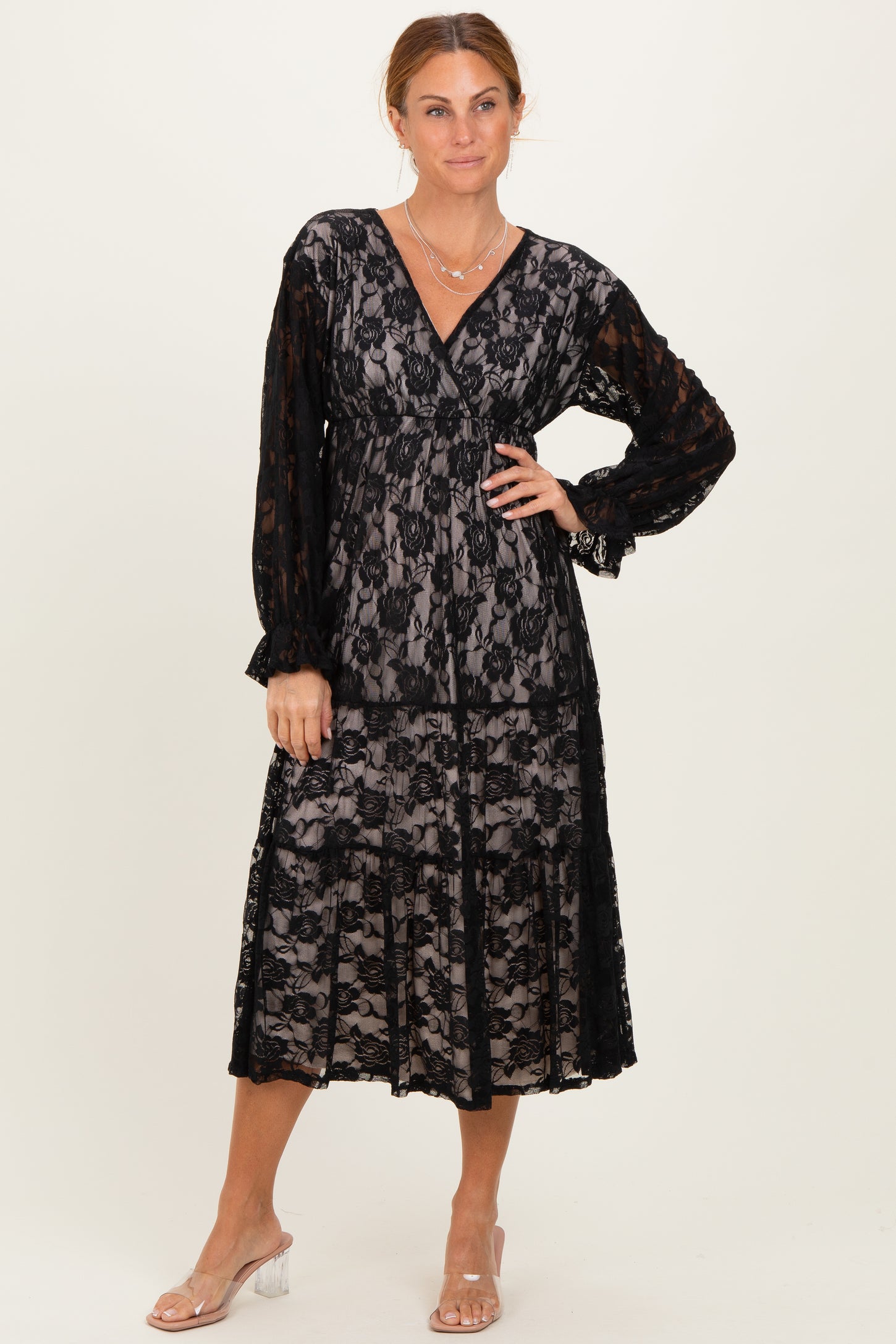 Black Floral Lace Long Sleeve V-Neck Maxi Dress