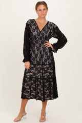 Black Floral Lace Long Sleeve V-Neck Maxi Dress
