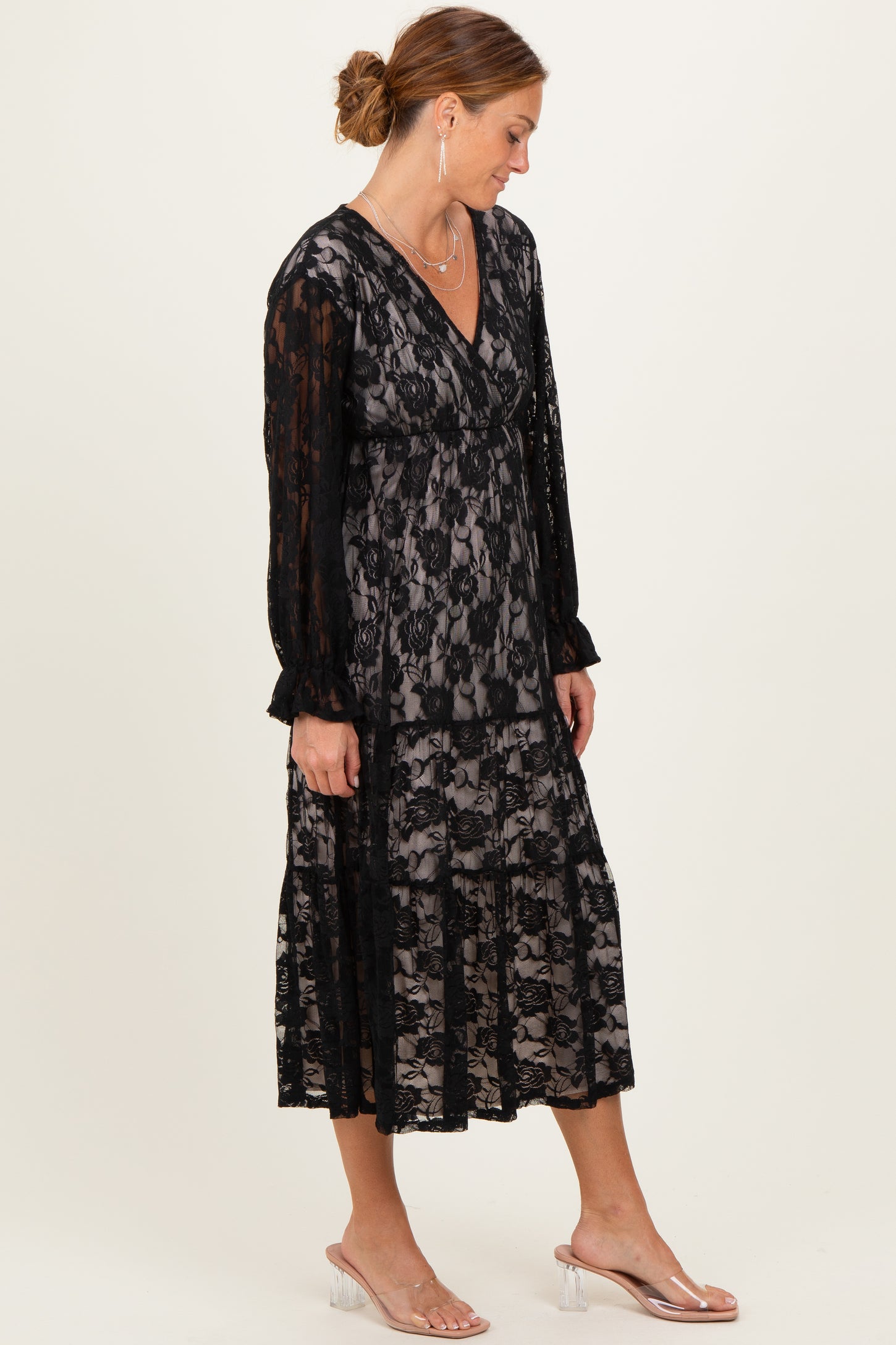 Black Floral Lace Long Sleeve V-Neck Maxi Dress