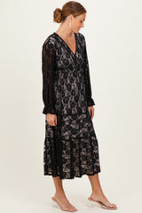 Black Floral Lace Long Sleeve V-Neck Maxi Dress