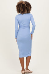 Blue Ribbed Long Sleeve Maternity Wrap Dress