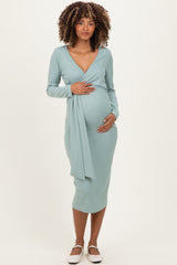 Sage Ribbed Long Sleeve Maternity Wrap Dress