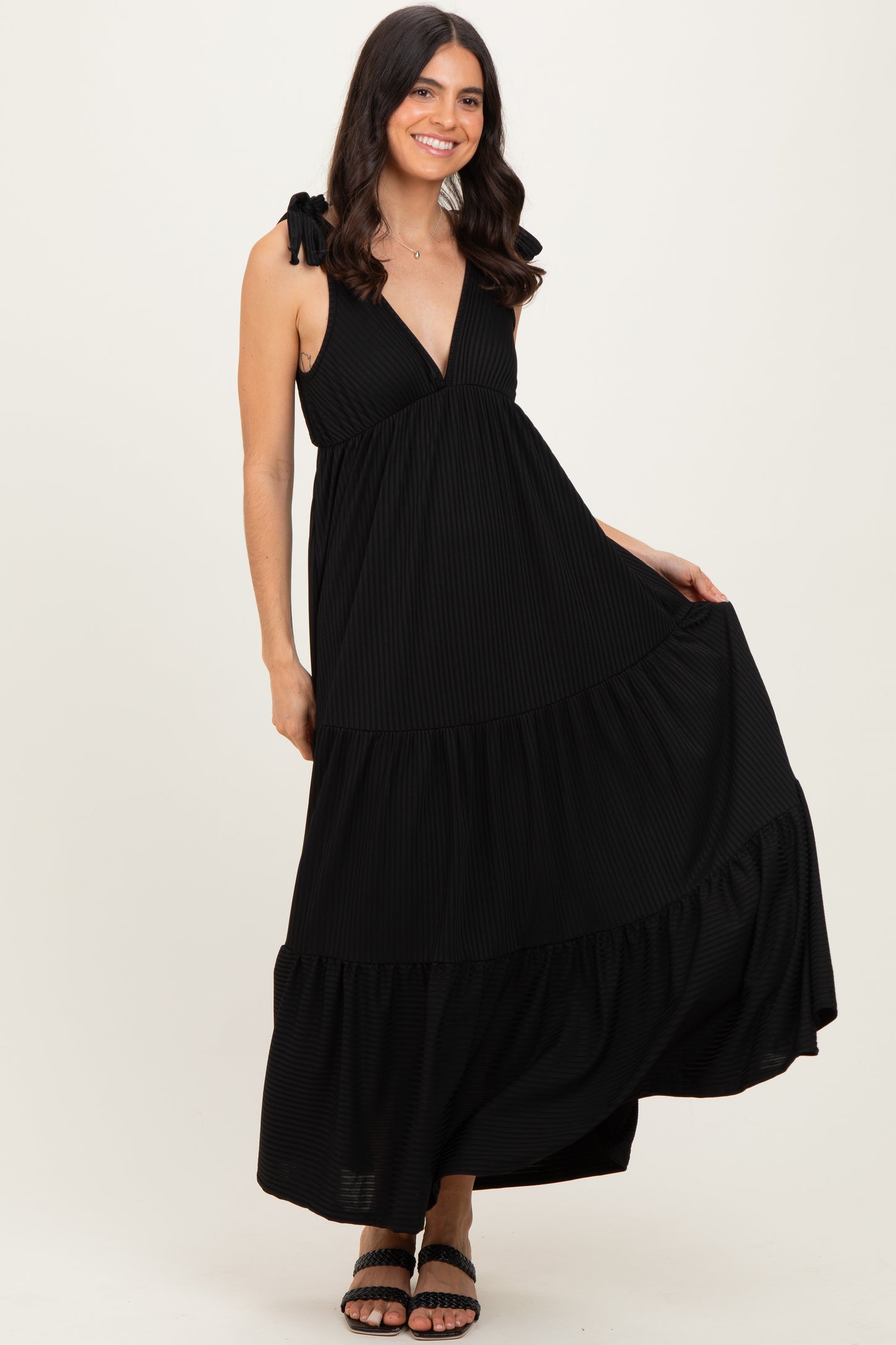 Black Shoulder Tie Ribbed Tiered Maxi Dress