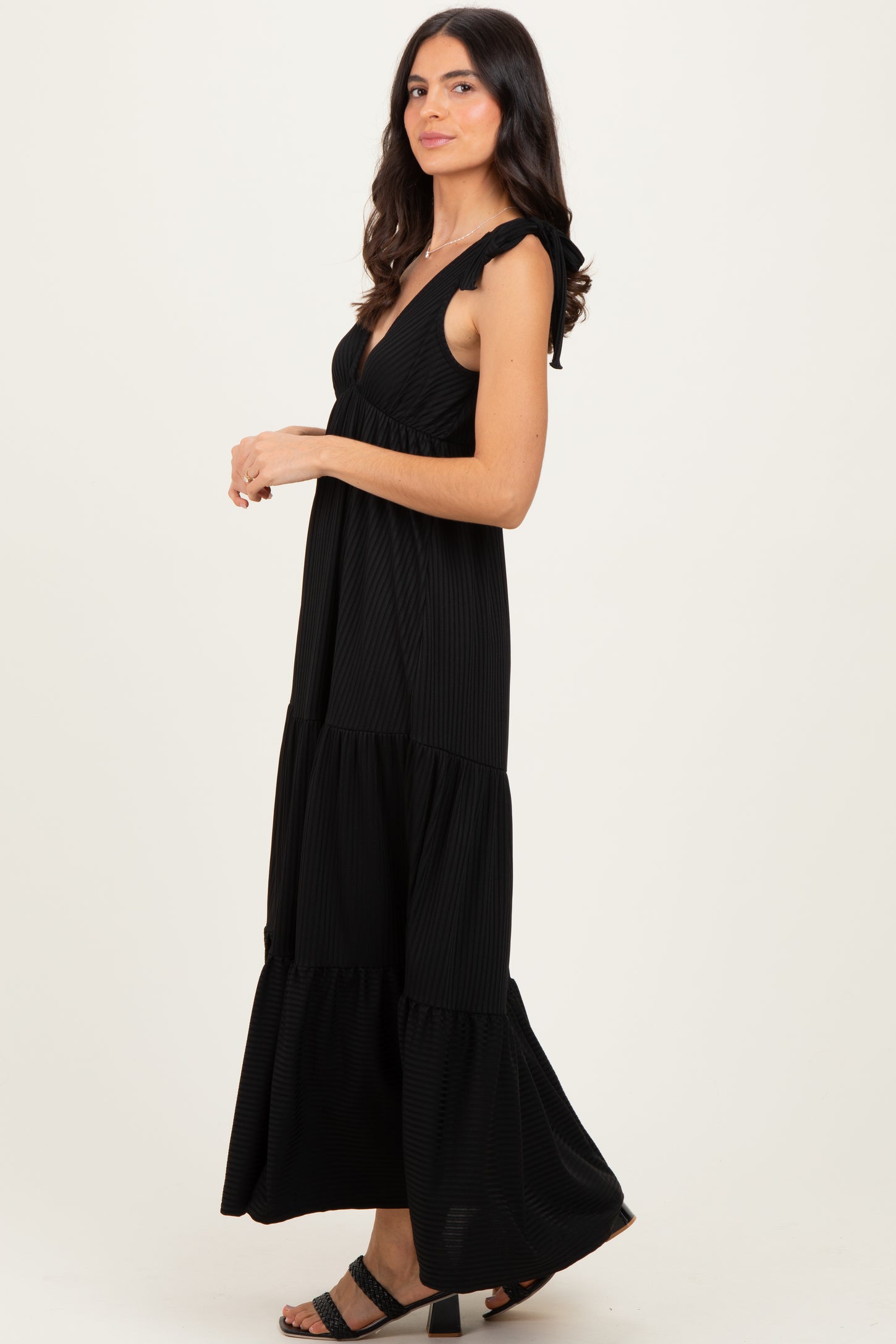 Black Shoulder Tie Ribbed Tiered Maxi Dress