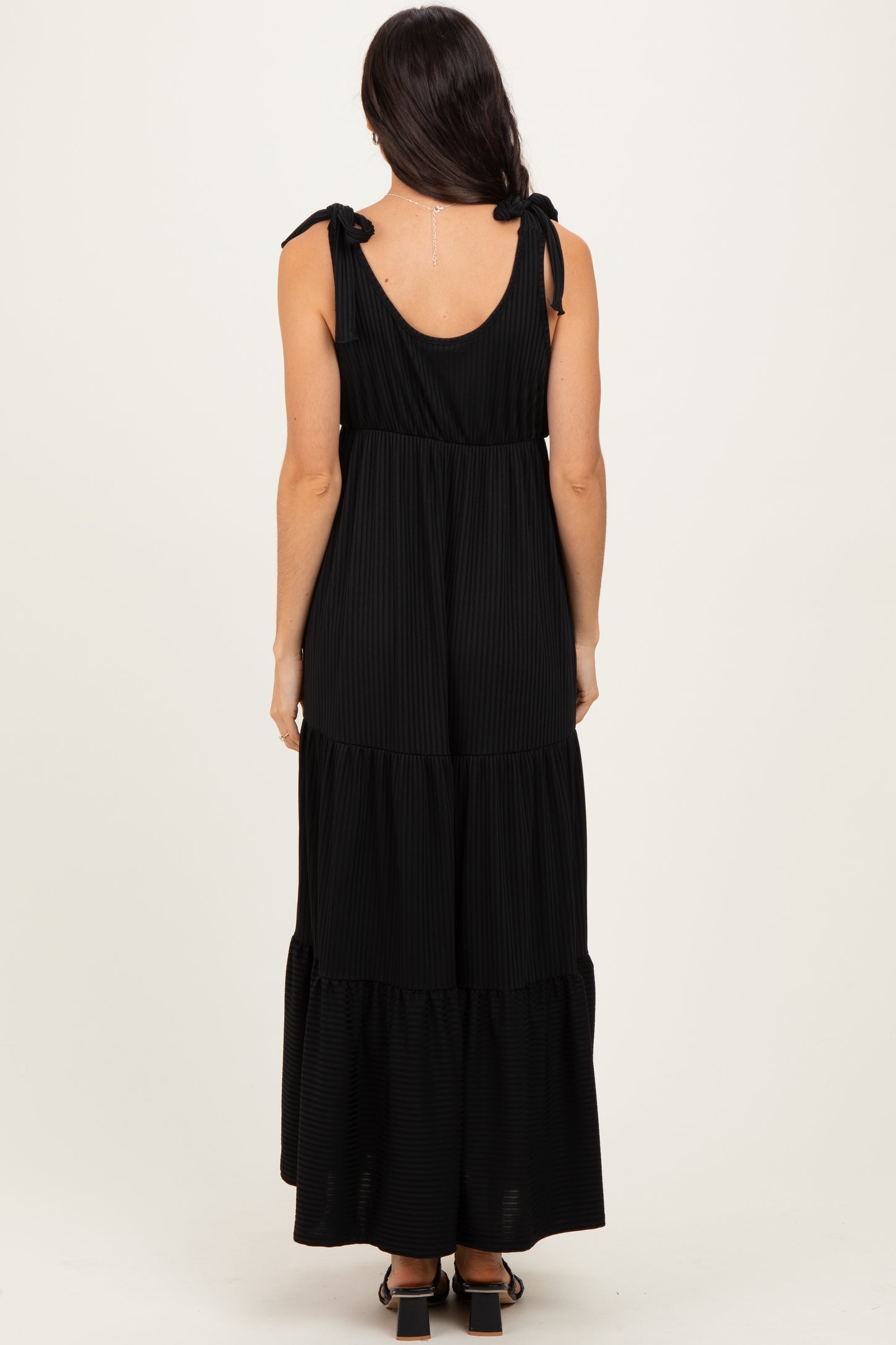 Black Shoulder Tie Ribbed Tiered Maxi Dress