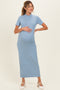 Blue Ribbed Mock Neck Short Sleeve Maternity Midi Dress