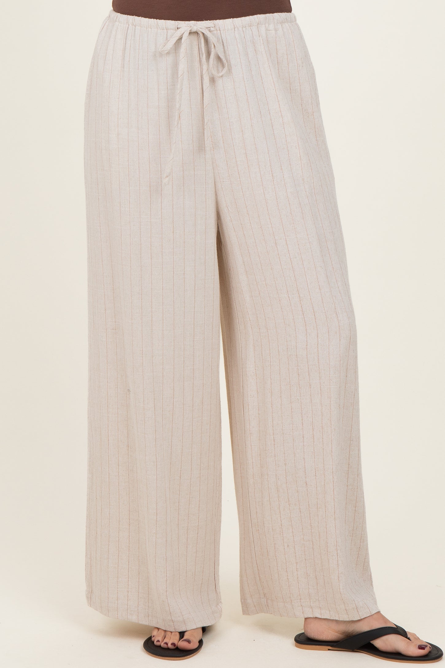 Oatmeal Pinstripe Drawstring Linen Pants