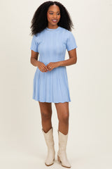 Blue Wide Rib Knit Short Sleeve Mini Dress
