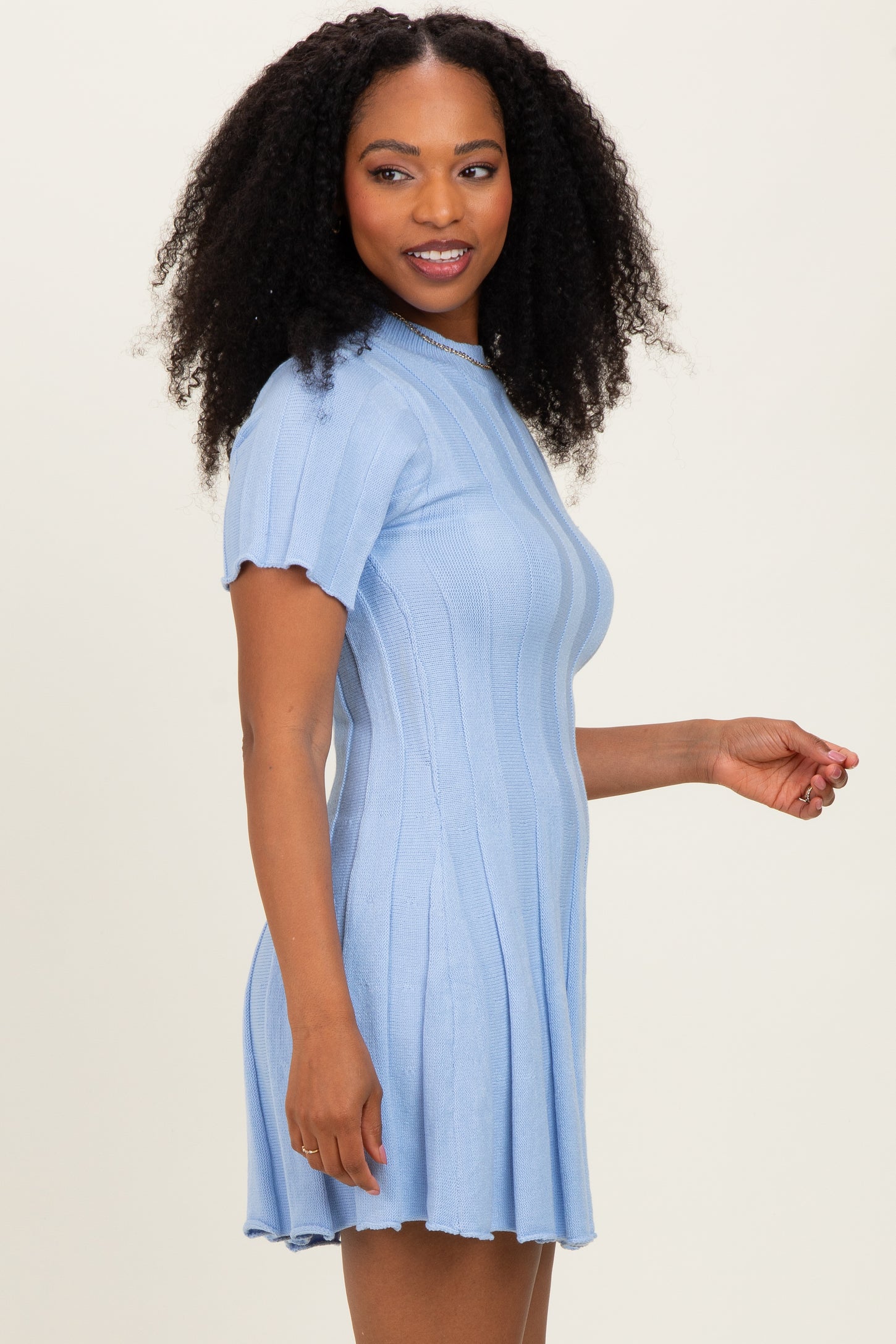 Blue Wide Rib Knit Short Sleeve Mini Dress