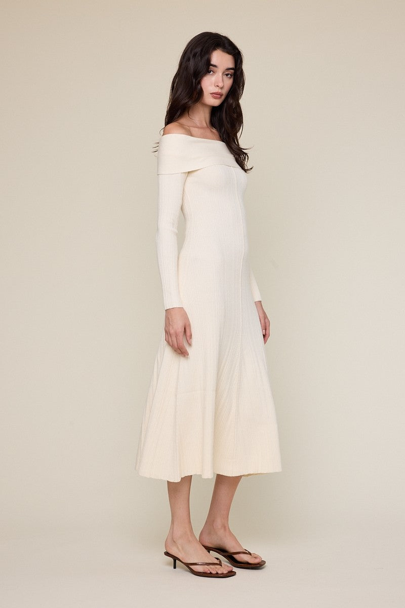 Ivory Off Shoulder Midi Sweater Dress