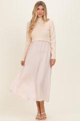 Light Beige Knit Contrast Top Satin Midi Dress