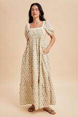Creme Floral Cotton Puff Sleeve Maternity Maxi Dress