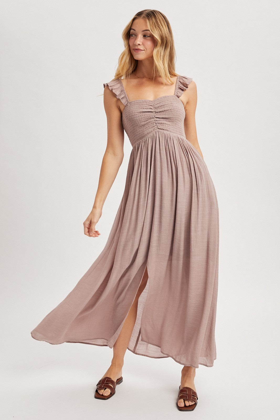Mauve Cinched Smocked Bust Sleeveless Maternity Maxi Dress