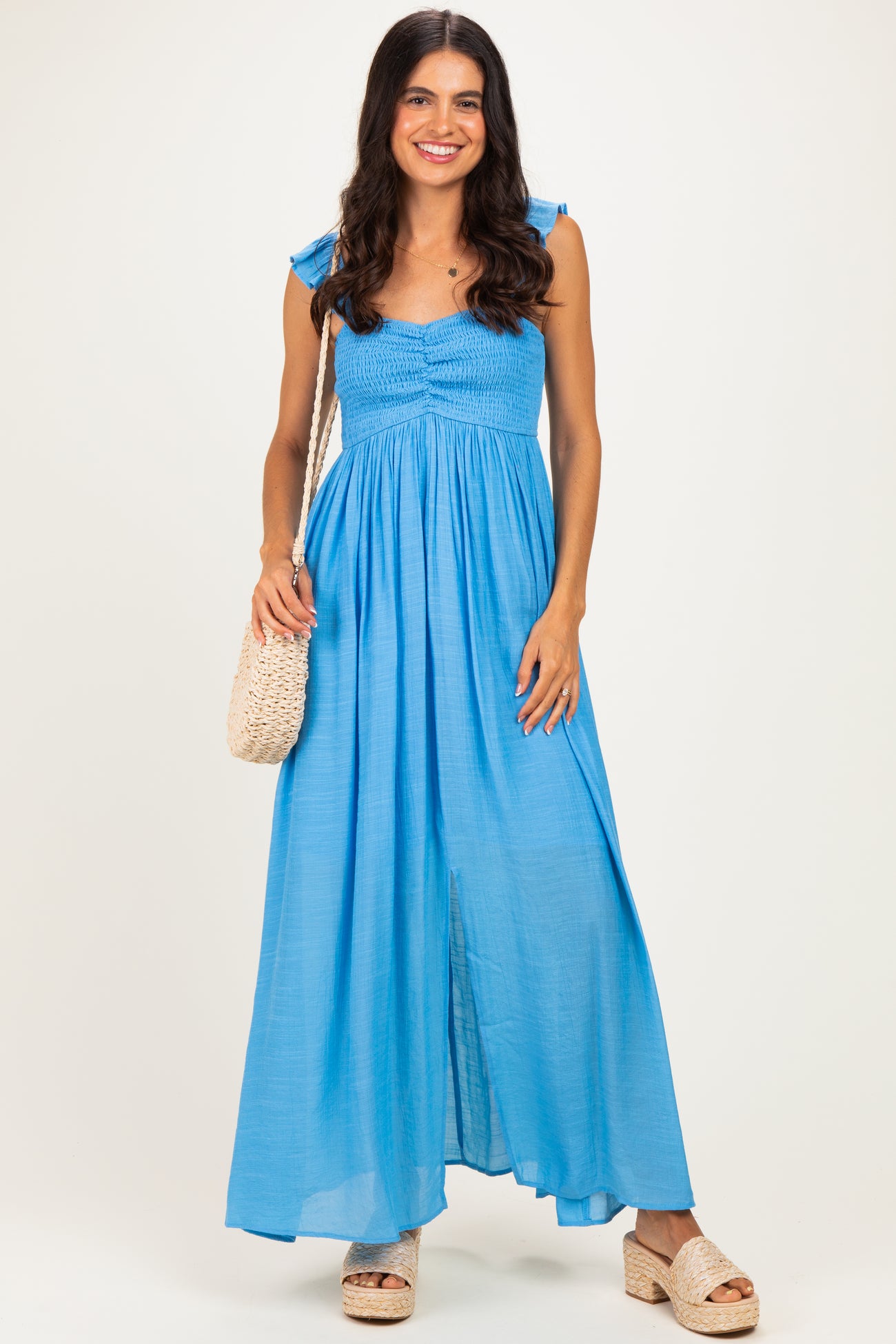 Blue Cinched Smocked Bust Sleeveless Maternity Maxi Dress