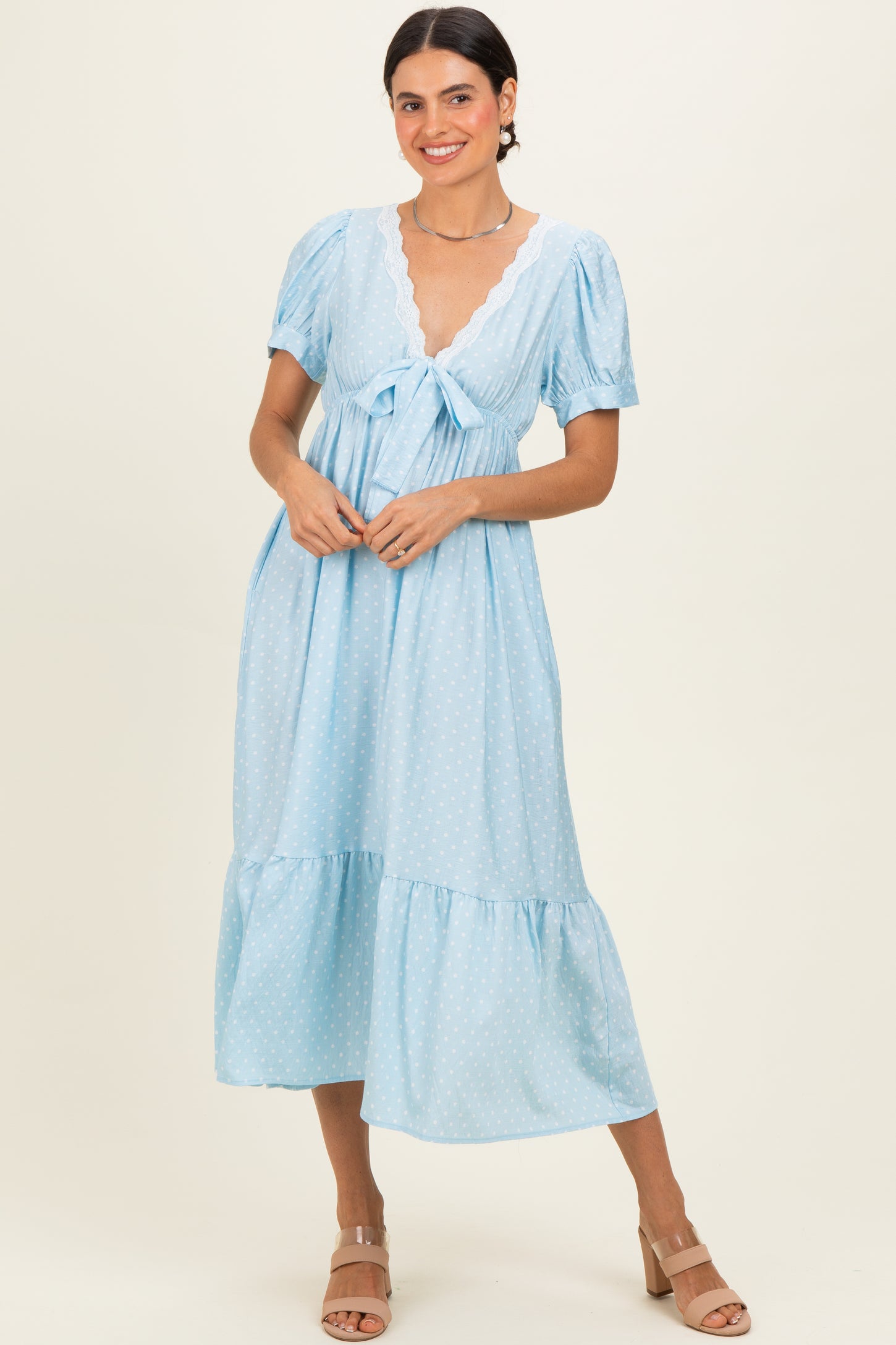 Light Blue Polka Dot Short Sleeve Lace V-Neck Ruffle Hem Maternity Maxi Dress