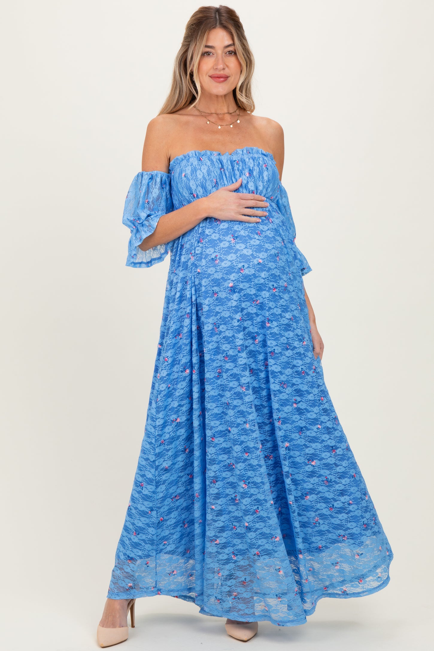 Blue Floral Lace Off Shoulder Ruffe Sleeve Maternity Maxi Dress