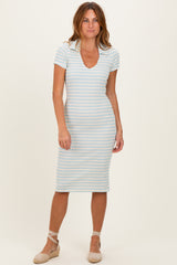 Ivory/ Blue Striped Short Sleeve Collared V-Neck Fitted Maternity Midi Dress