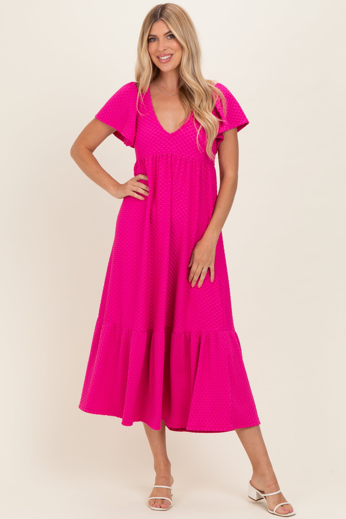 Fuchsia Textured Ruffle Hem Maxi Dress