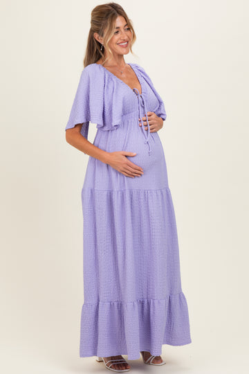 Lavender Woven Textured Flutter Sleeve V-Neck Tiered Maternity Maxi Dress